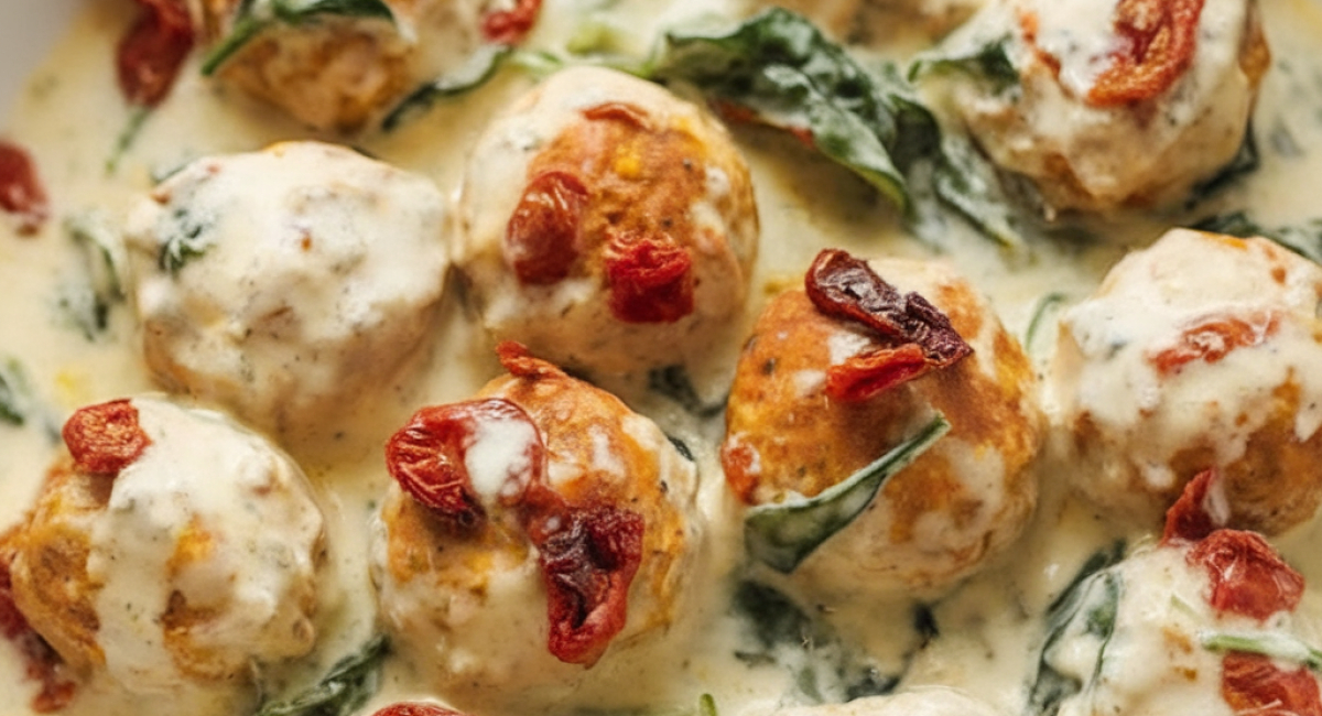 Baked Chicken Ricotta Meatballs with Spinach Alfredo Sauce