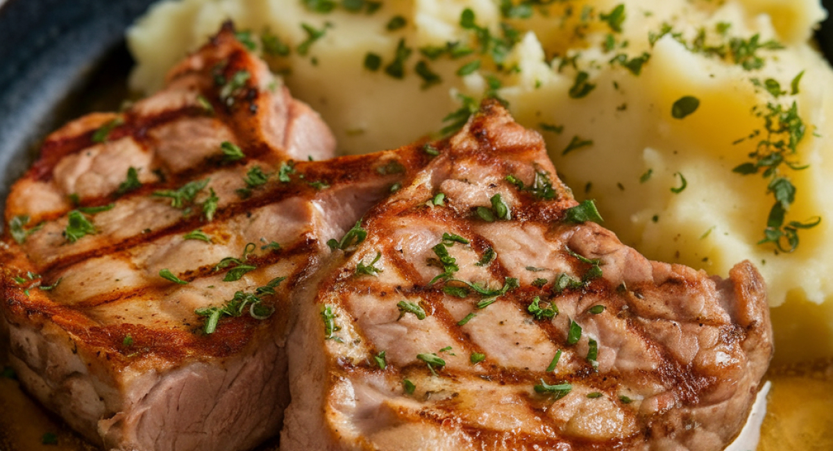 Melt-in-Your-Mouth Cheesy Potatoes with Tender Garlic Pork Chops