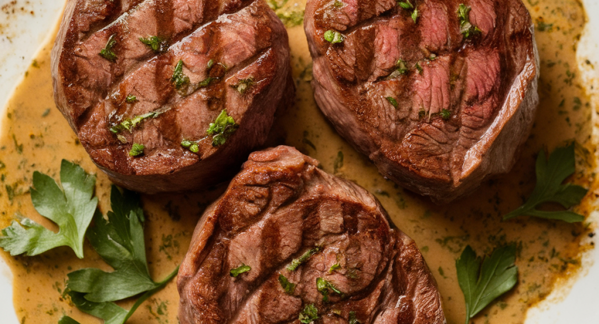 Seared Filet Mignon with Shallot Peppercorn Cream Sauce