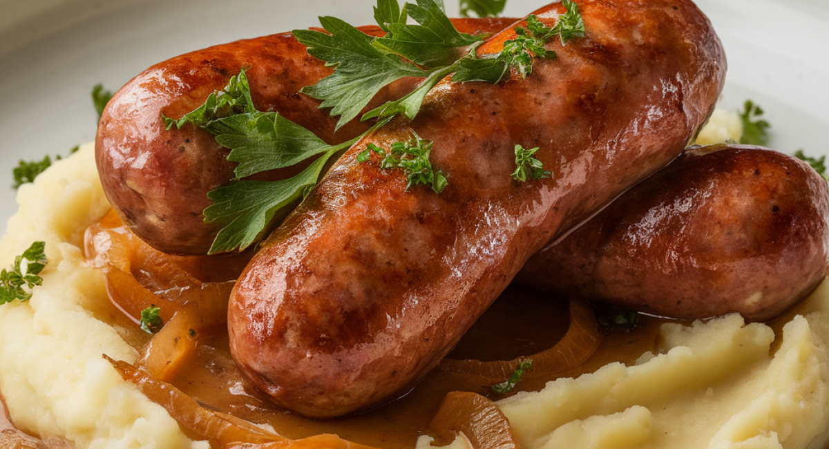  Sausages with Mashed Potatoes and Onion Gravy