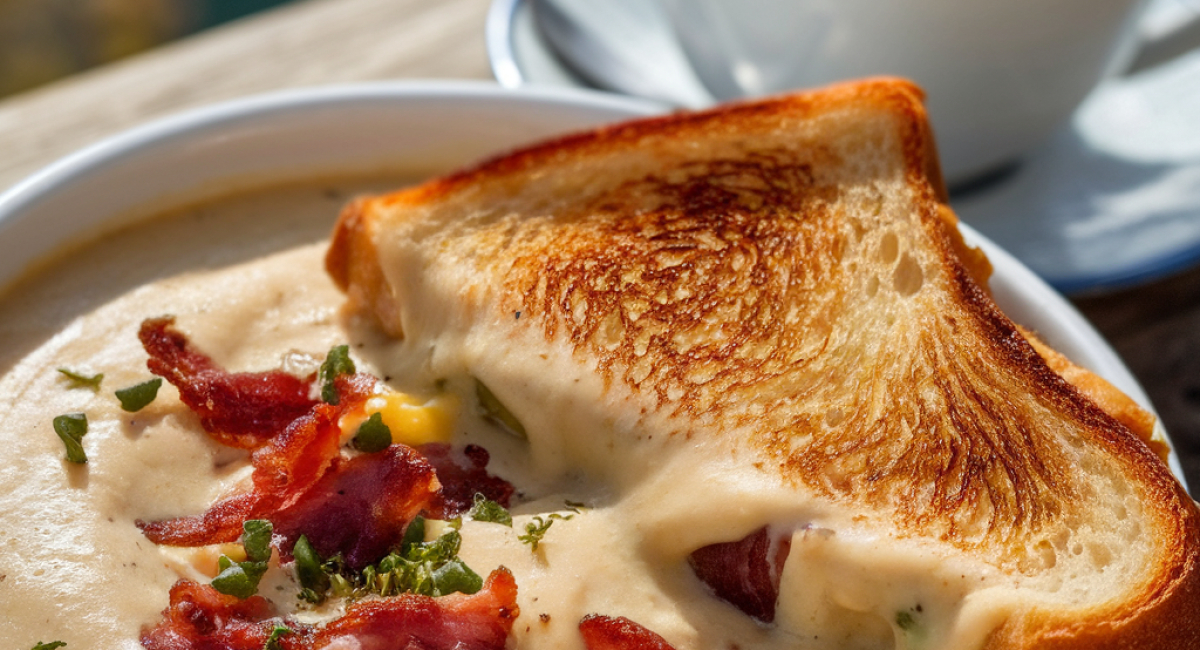 Potato and Bacon Soup with Cheesy Toast and Bacon 