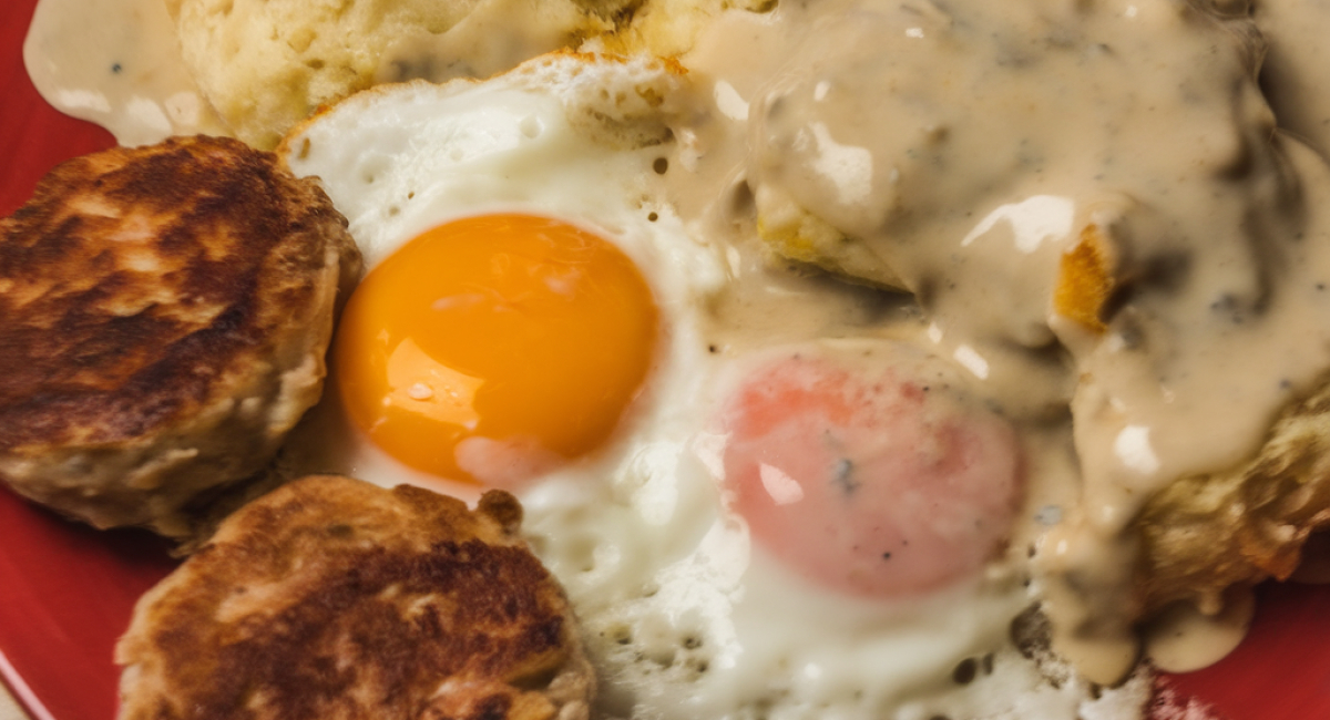 Breakfast Sausage, Scrambled Eggs, and Biscuits with Gravy