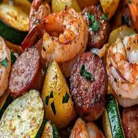 Shrimp, Zucchini, Potatoes, and Spicy Italian Sausage Foil Pack 