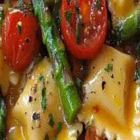 Ravioli with Tomatoes, Asparagus, Garlic, and Herbs!