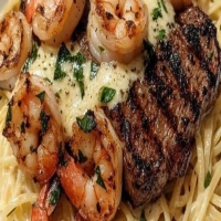 Scampi au Steak Noirci et Crevettes