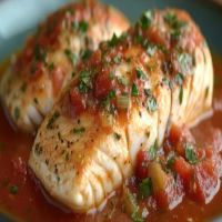 Bacalao con Salsa de Gambas y Pimientos del Piquillo