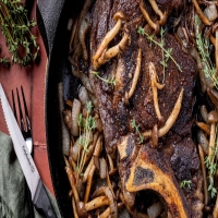 Ribiye steak with french onions and mushrooms