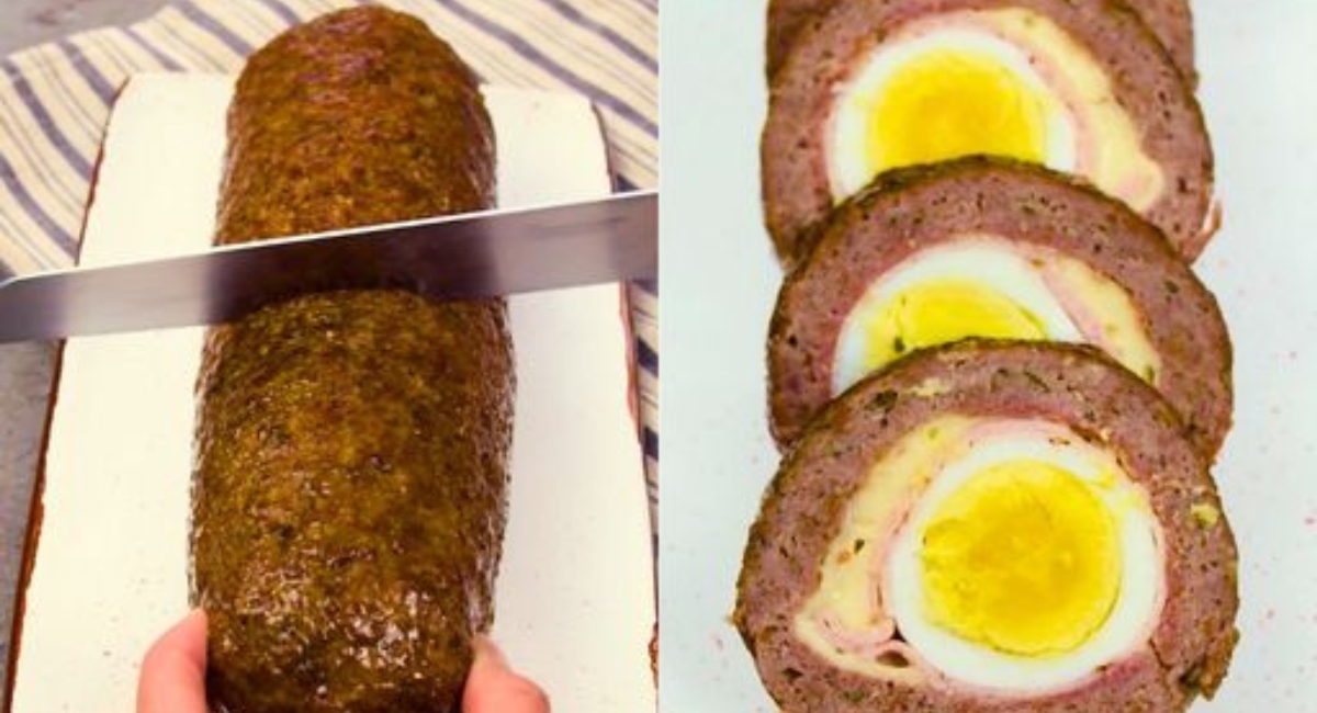 Rocambole de carne moída com ovo.