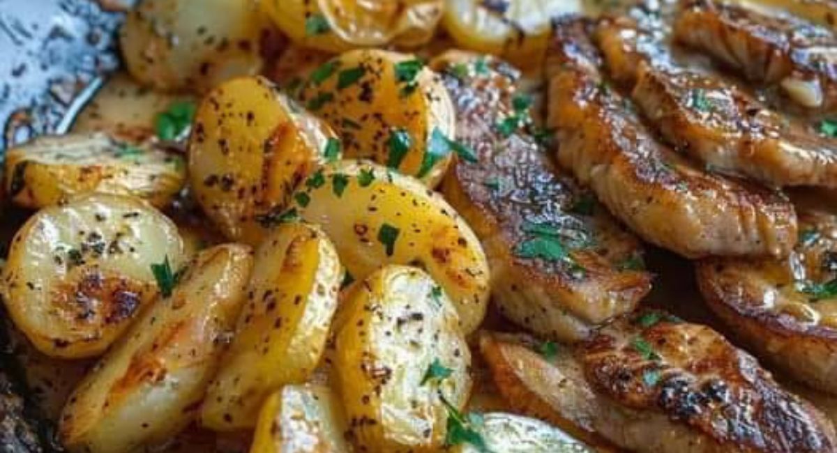 Poêlée de pommes de terre et steak au beurre d’ail
