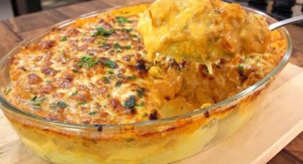 Frango com mandioca gratinado assado
