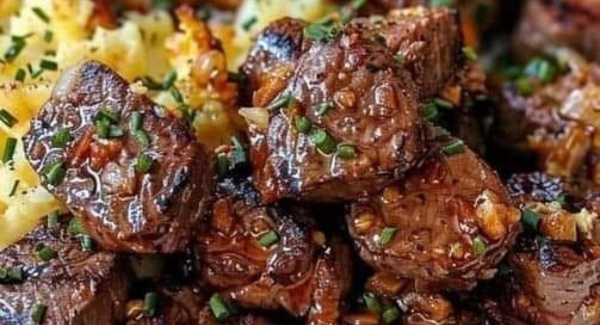 MORDS DE STEAK AU BEURRE À L’AIL ET POMMES DE TERRE ÉCASSÉES AU FROMAGE