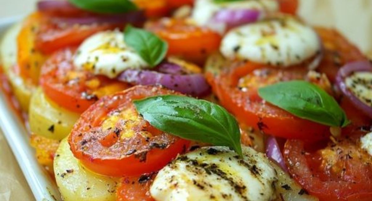 Tian de pommes de terre, tomates et oignons rouges à la mozzarella