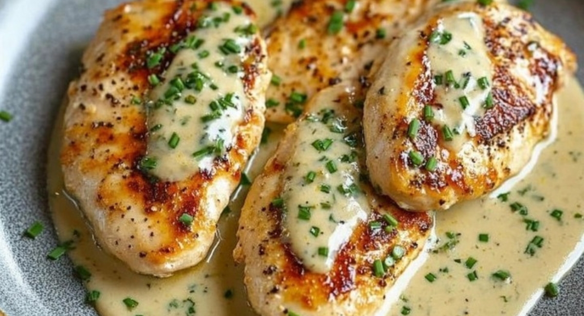 Escalopes de poulet, sauce crémeuse citronnée à l'estragon, persil et ciboulette