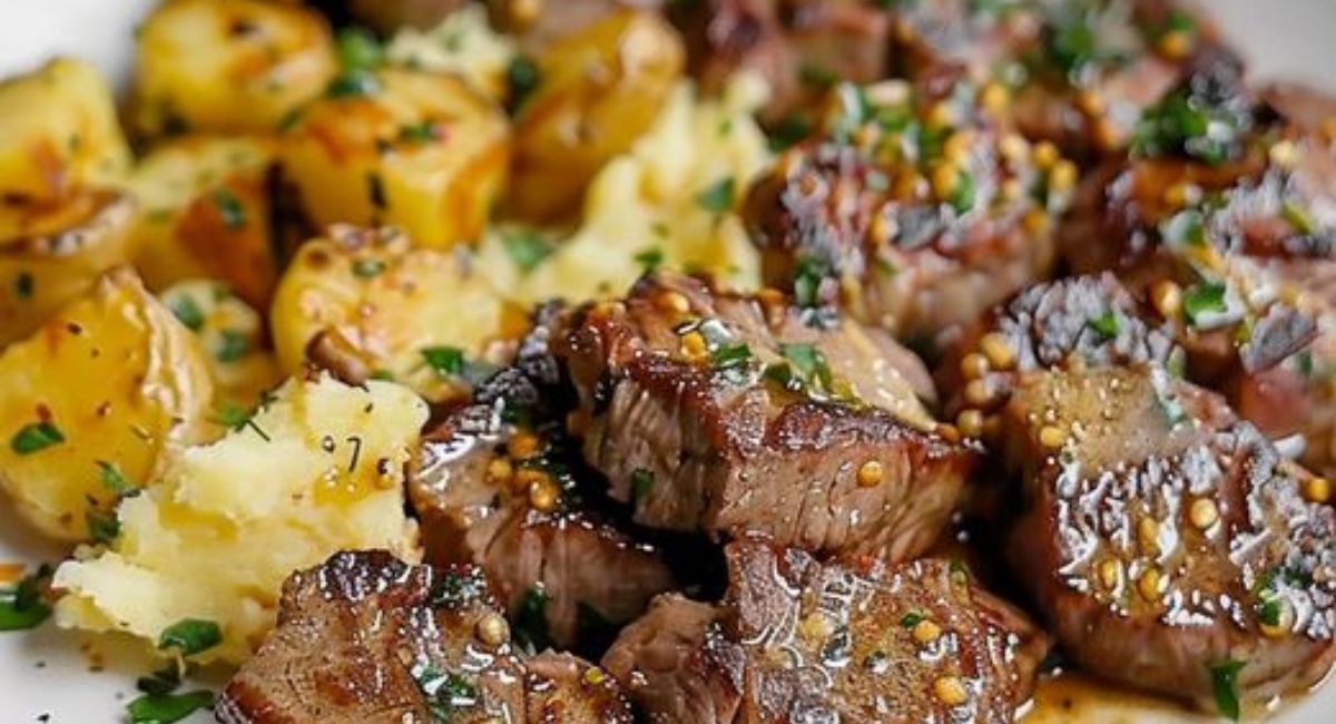 Garlic Butter Steak Bites and Cheesy Smashed Potatoes