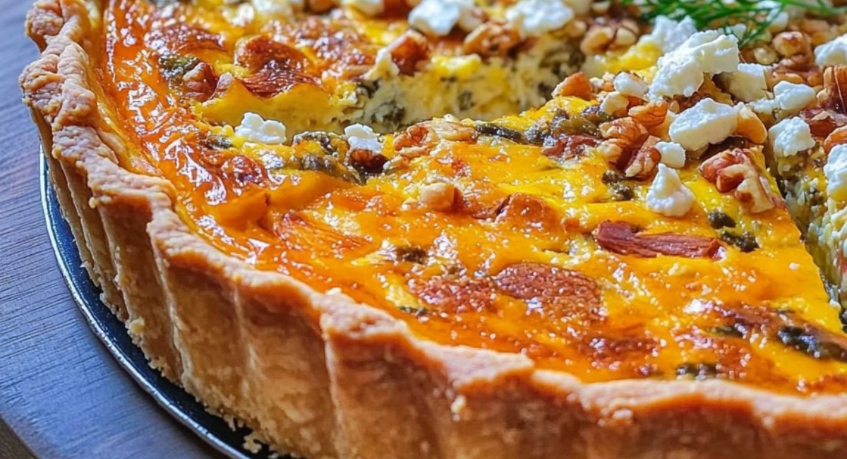 Quiche au potimarron, poireau, feta et noix