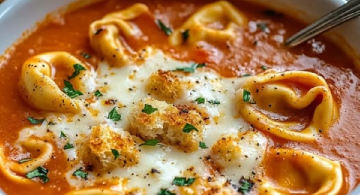 Slow Cooker Tomato Tortellini Soup with Cheddar Toast Bites