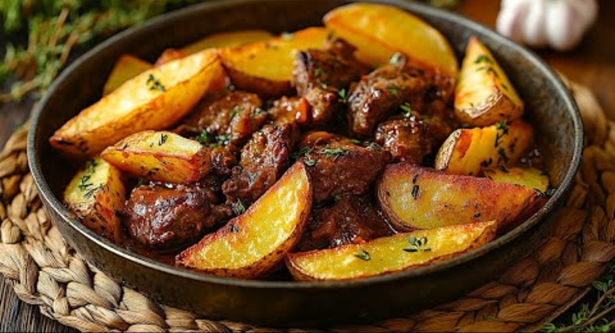 Guiso de carne con papas asadas y hierbas 