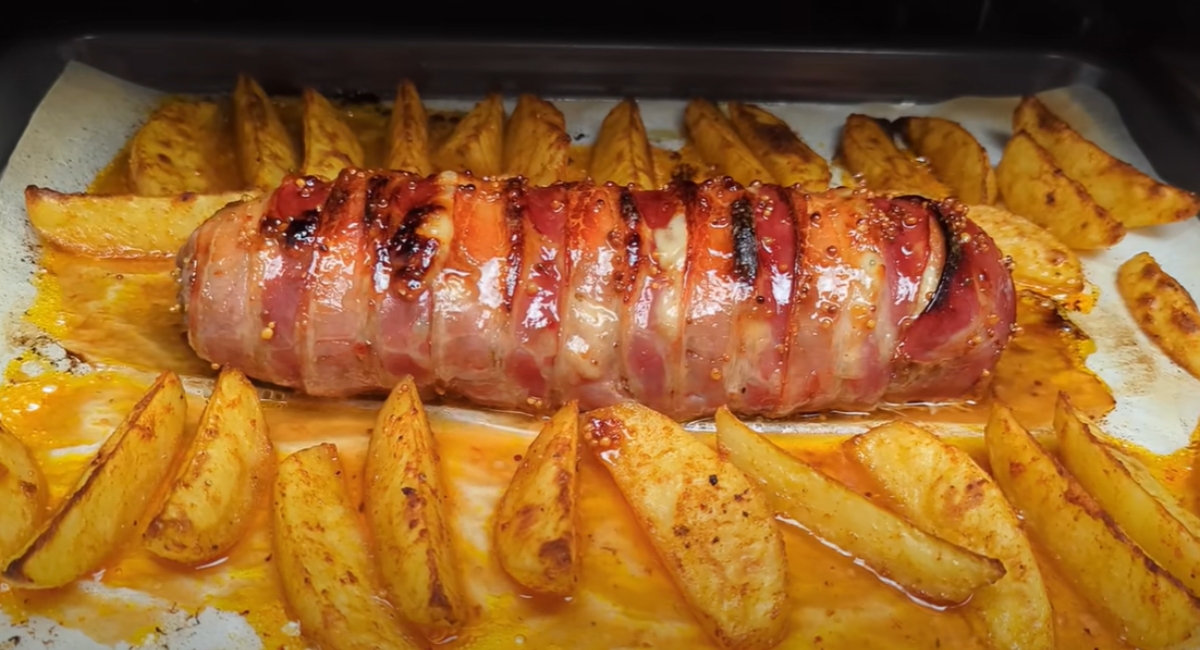 Filet de porc enrobé de bacon et pommes de terre rôties dignes d’un banquet