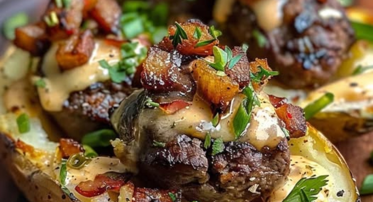 Loaded Baked Potato with Steak Bites 