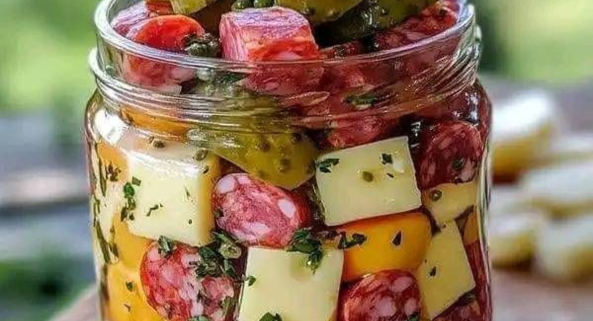 Aperitivo Fácil de Queijo Marinado com Salame e Picles