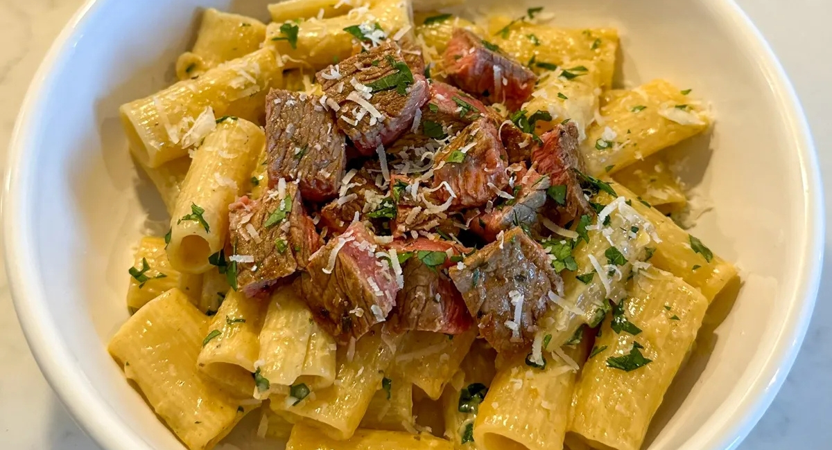 Garlic Butter Steak Tips with Cheesy Rigatoni 