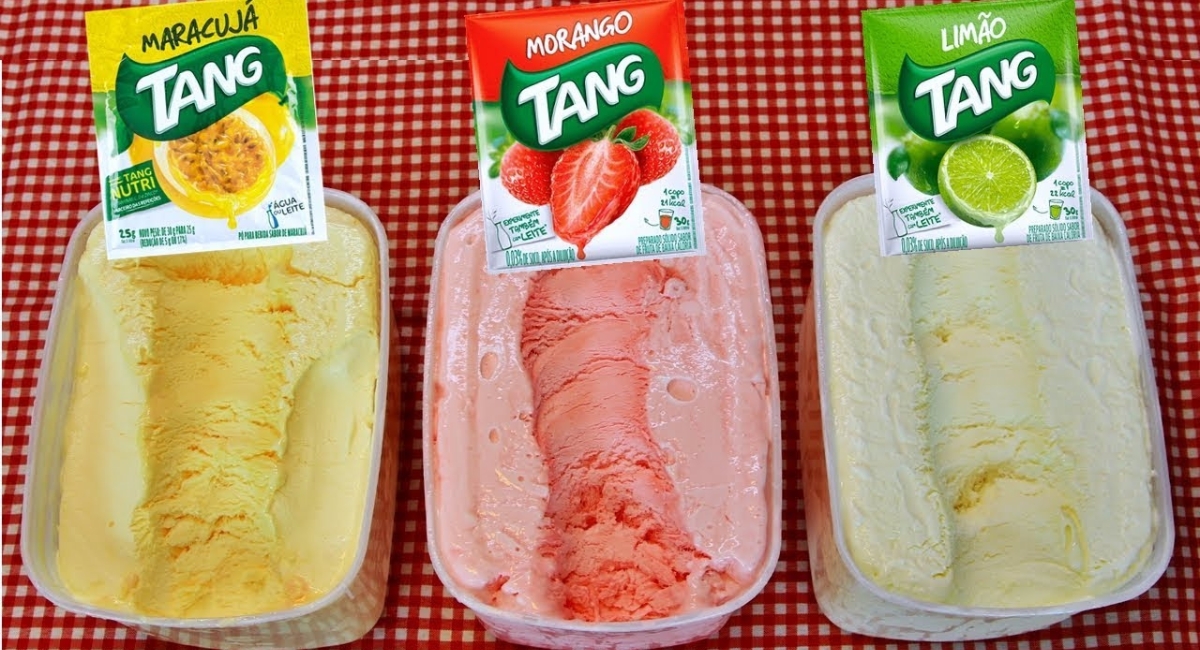 Sorvete caseiro com Tang 1 pacotinho de suco rende 3 litros de sorvete.