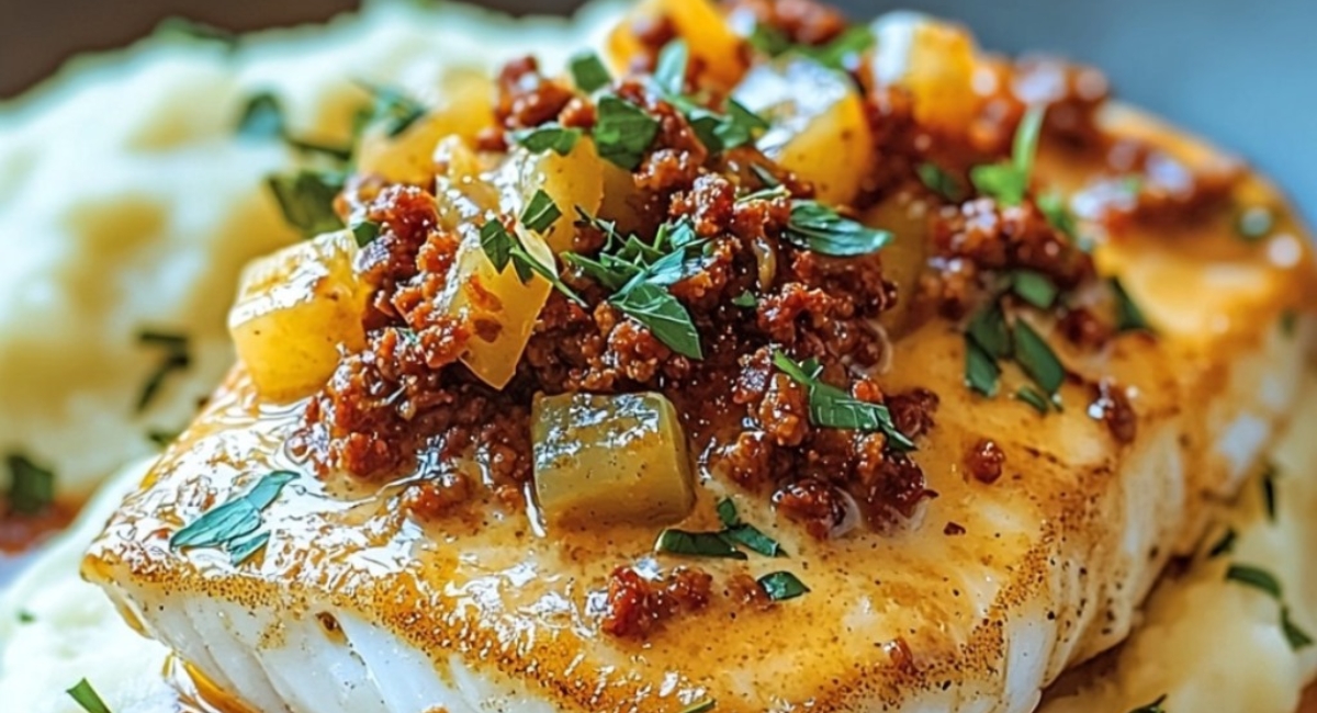 Cabillaud rôti à la crème de chorizo et purée de pommes de terre