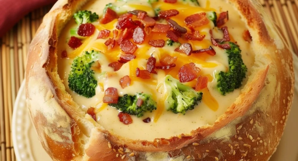 Delicious Bacon Broccoli Cheddar Bread Bowl Soup