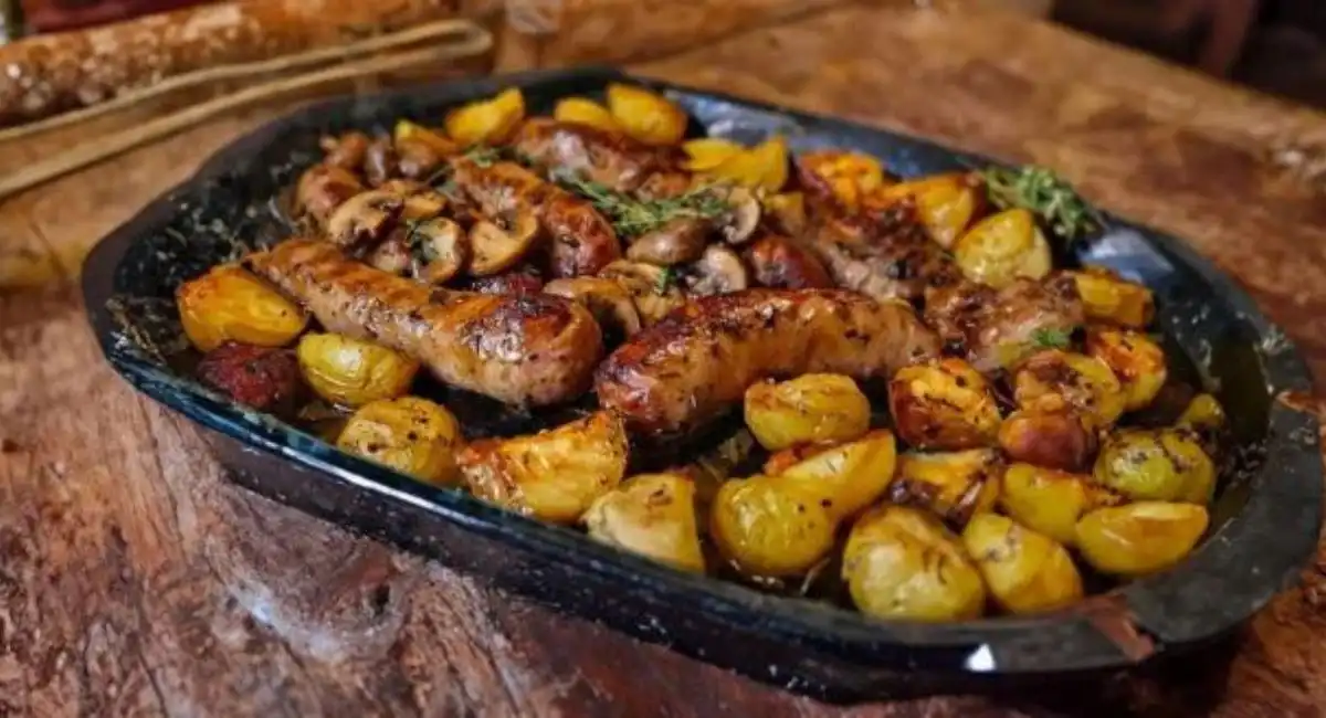 Saucisses, Champignons et Pommes de Terre au Four