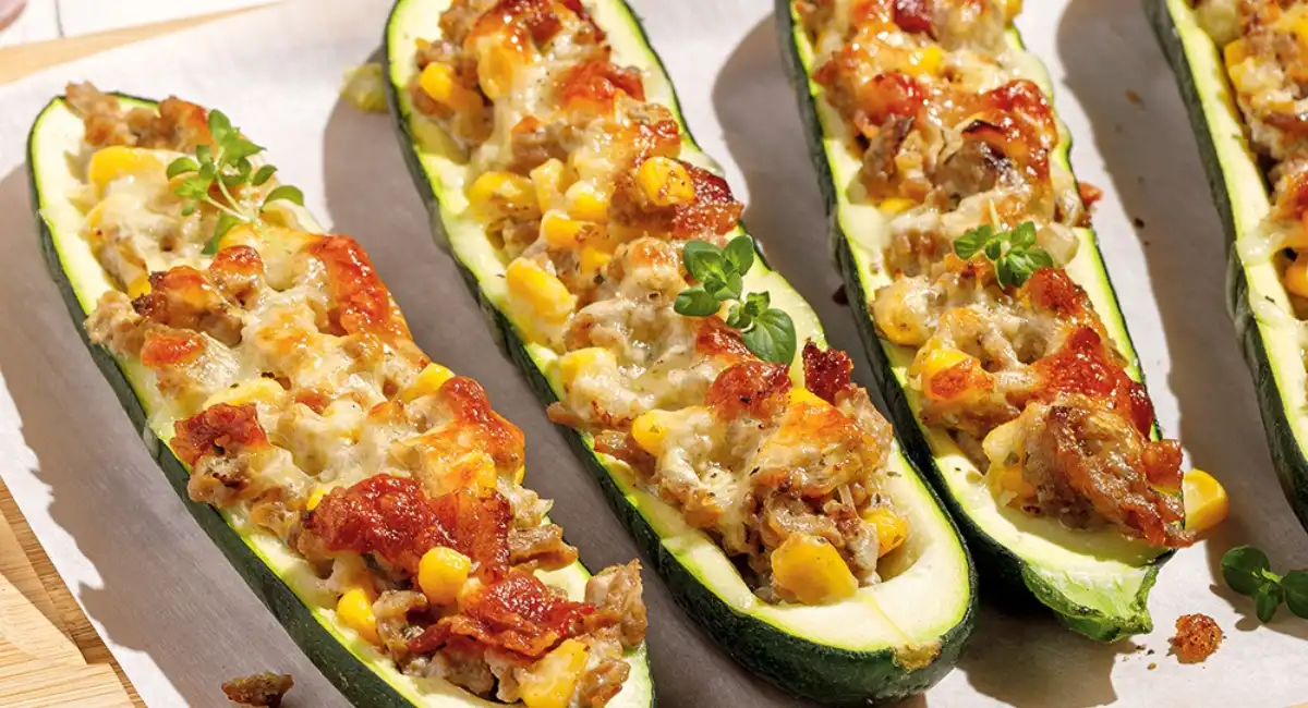 Courgettes farcies au poulet, maïs et bacon 