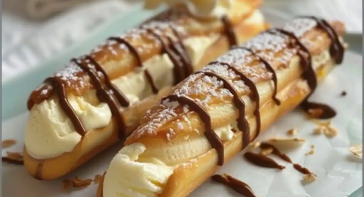 Canutillos rellenos de helado de plátano