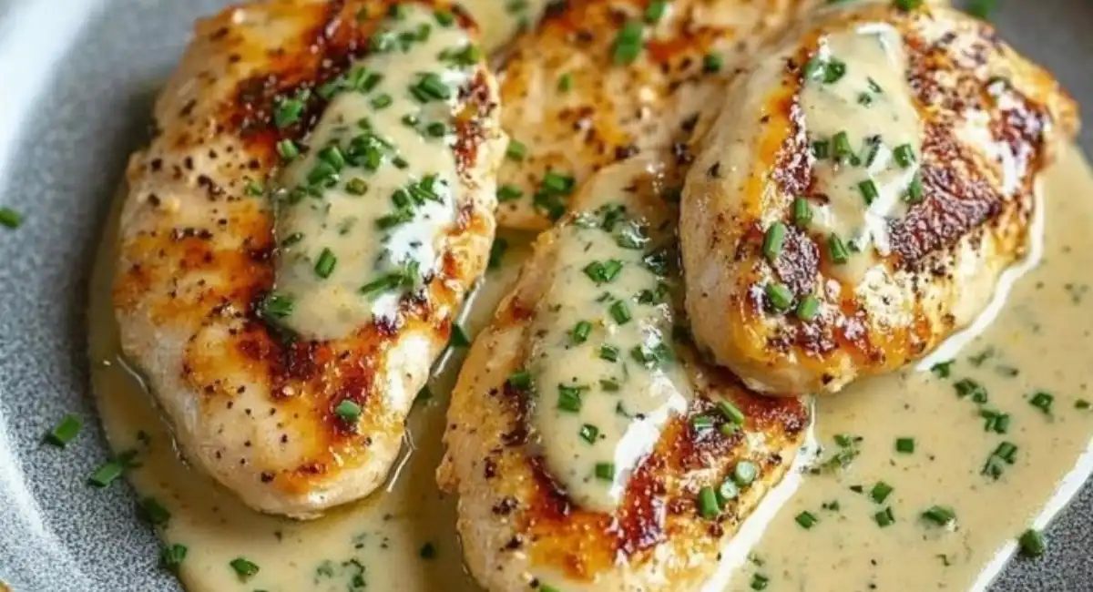 Escalopes de poulet, sauce crémeuse citronnée à l'estragon, persil et ciboulette