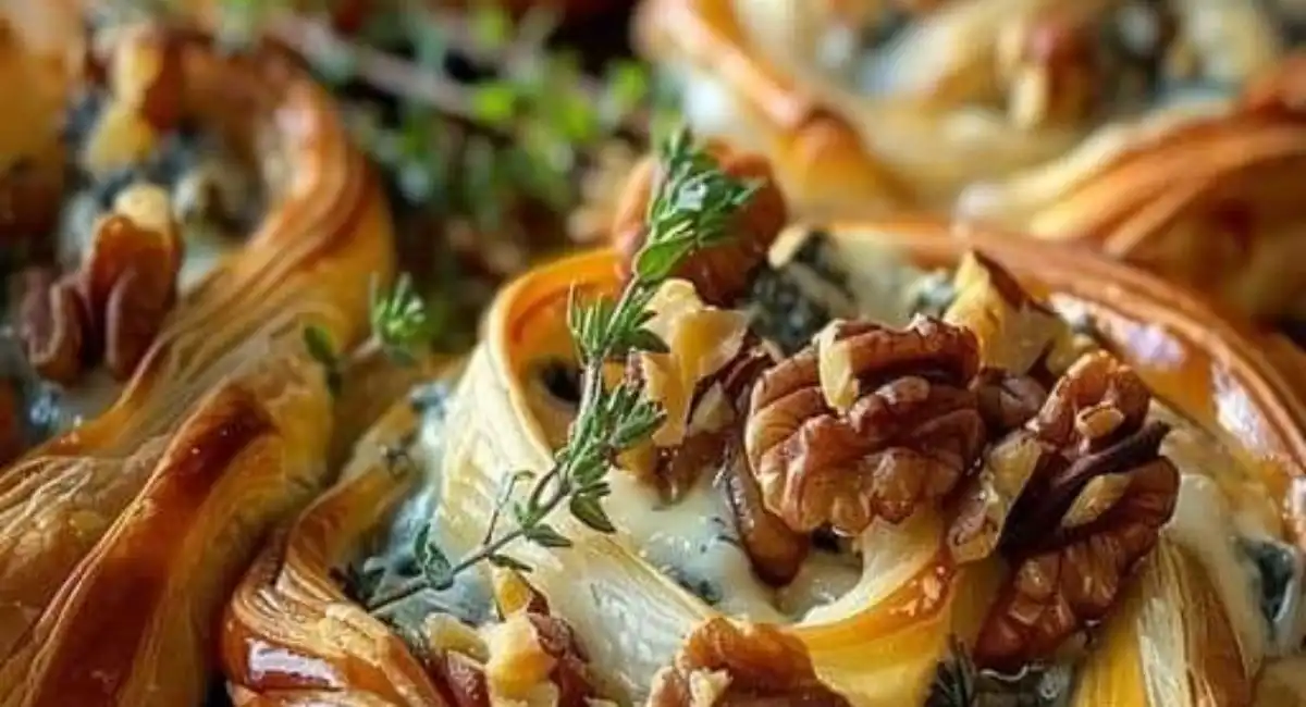 Tourbillon de pâte feuilletée au fromage bleu, aux noix et au thym
