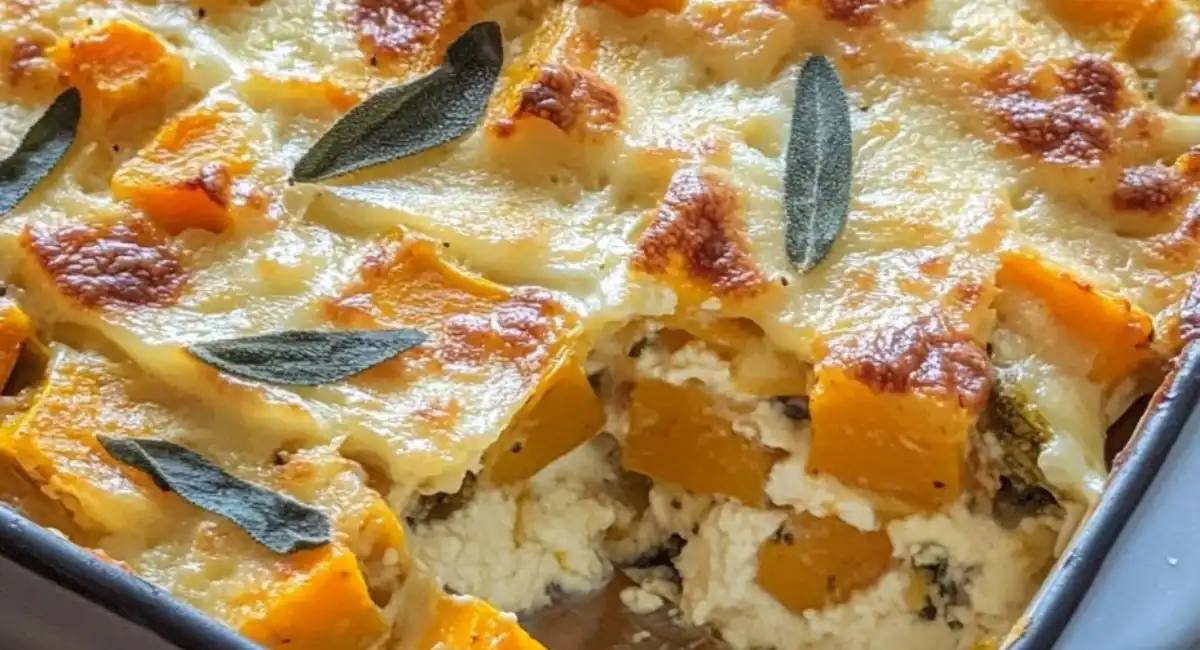 Lasagne aux légumes d'automne, fromage de chèvre et sauce aux noix