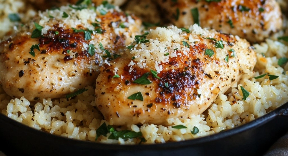 Poulet avec riz à l'ail et au parmesan