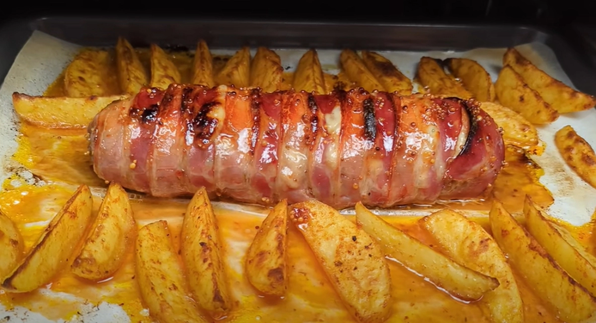 Filet de porc enrobé de bacon et pommes de terre rôties dignes d’un banquet