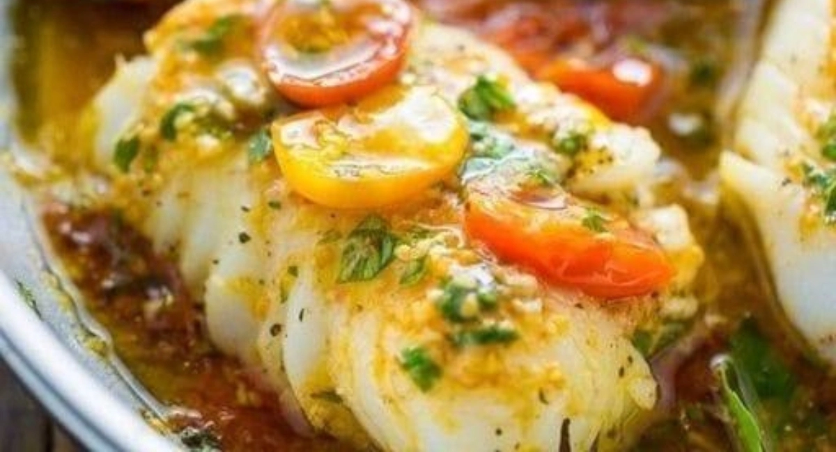 Cabillaud assaisonné de vin blanc, tomate et basilic