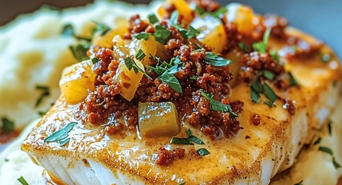 Cabillaud rôti à la crème de chorizo et purée de pommes de terre