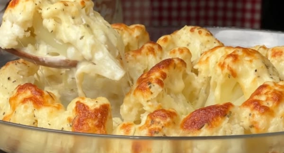 Chou-fleur cuit au four avec sauce crémeuse au fromage et sauce tomate-anchois